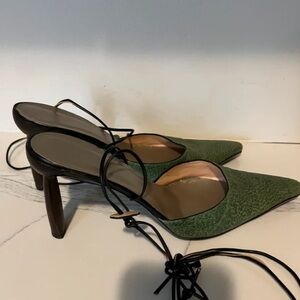 Green Pointed-Toe Lace-Up Slingback Heels